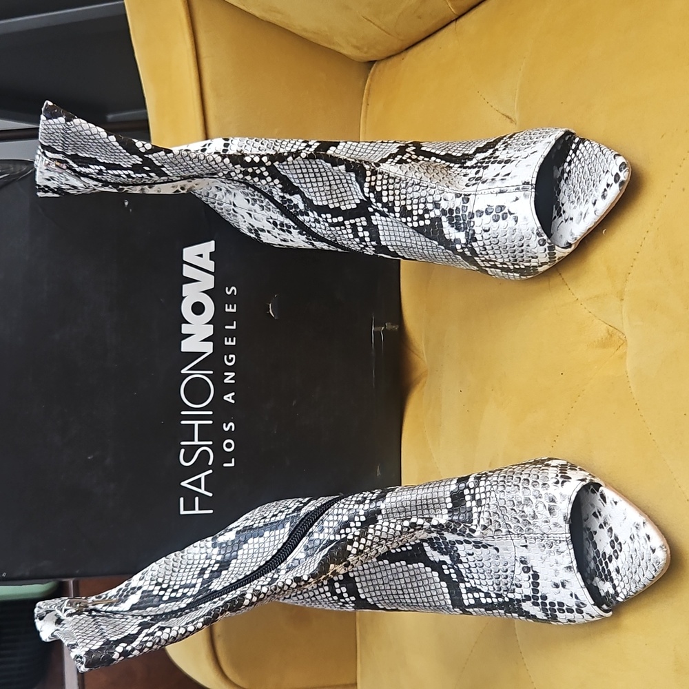 Fashion Nova Black and White Snakeskin Heeled Boots